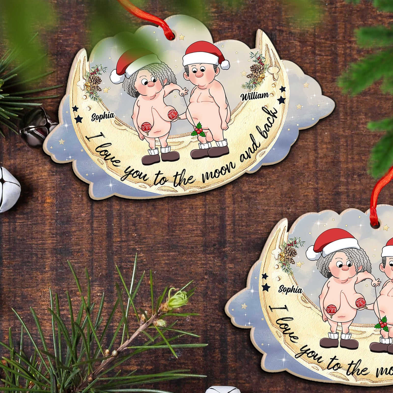 Blisscorners I Love You To The Moon And Back, Funny Couple - Personalized Custom Shaped Wooden Ornament - Gift For Family, Couple Gift2D Flat LM2111