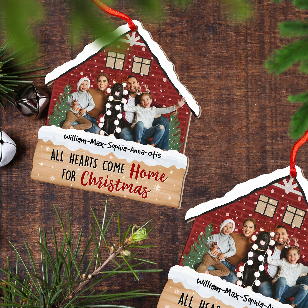Blisscorners All Hearts Come Home For Christmas, Custom Photo And Name - Personalized Custom Shaped Wooden Ornament - Gift For Family2D Flat LM2111