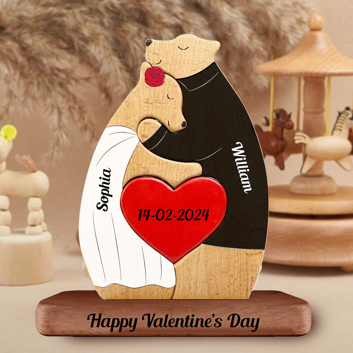 Blisscorners Man, Woman Couple Gift, Personalized Bear Puzzle Wooden - Wooden Pet Carvings - Gift For Family2D Flat LM2111