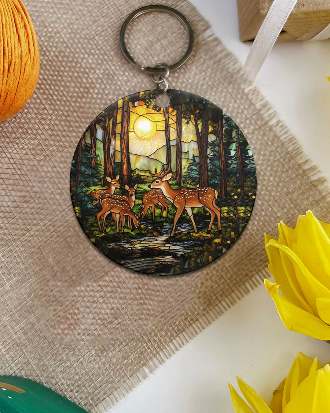 BLISSCORNERS DEER FAMILY STAINED GLASS ORNAMENT & KEYCHAIN