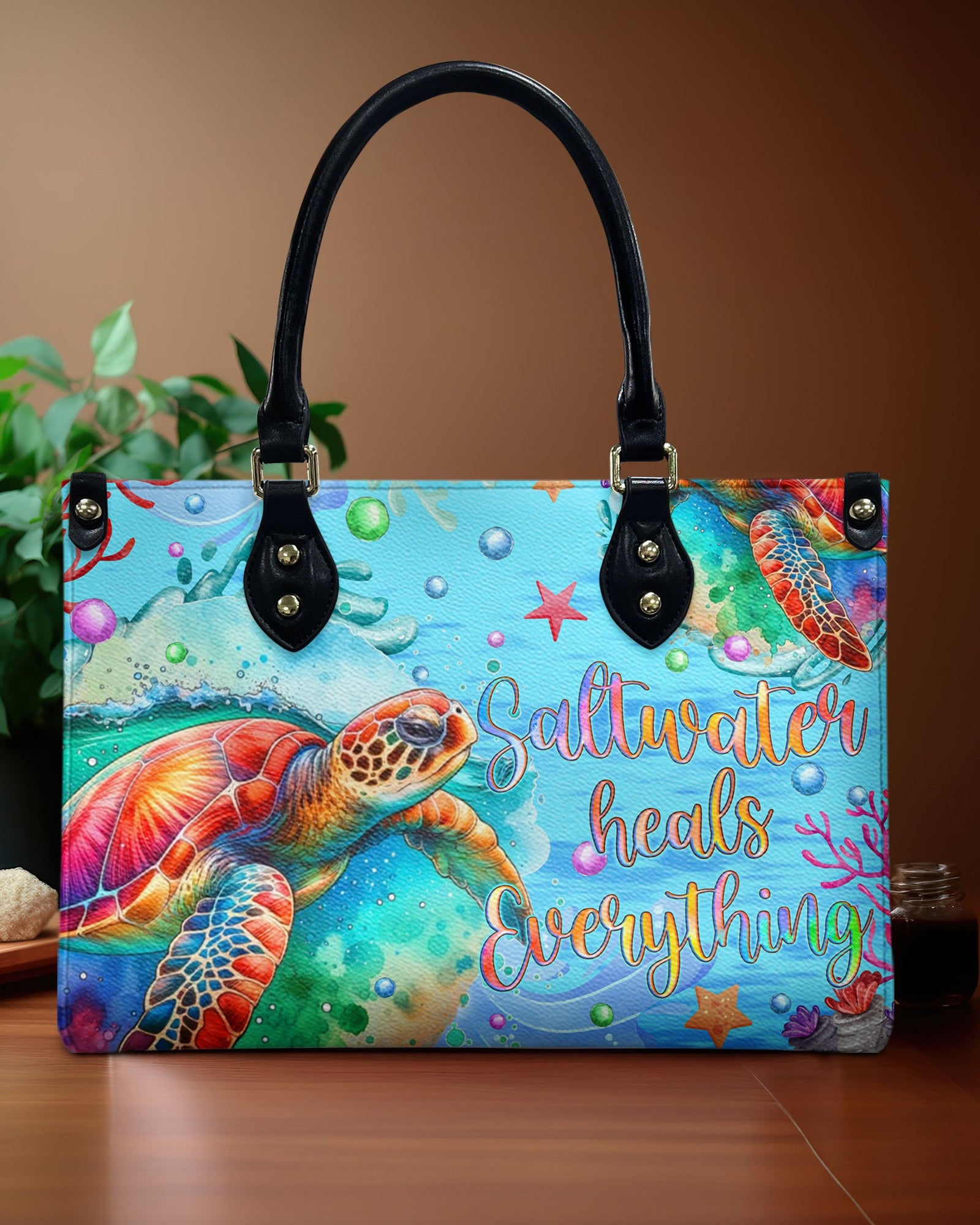BLISSCORNERS SALTWATER HEALS EVERYTHING TURTLE LEATHER HANDBAG