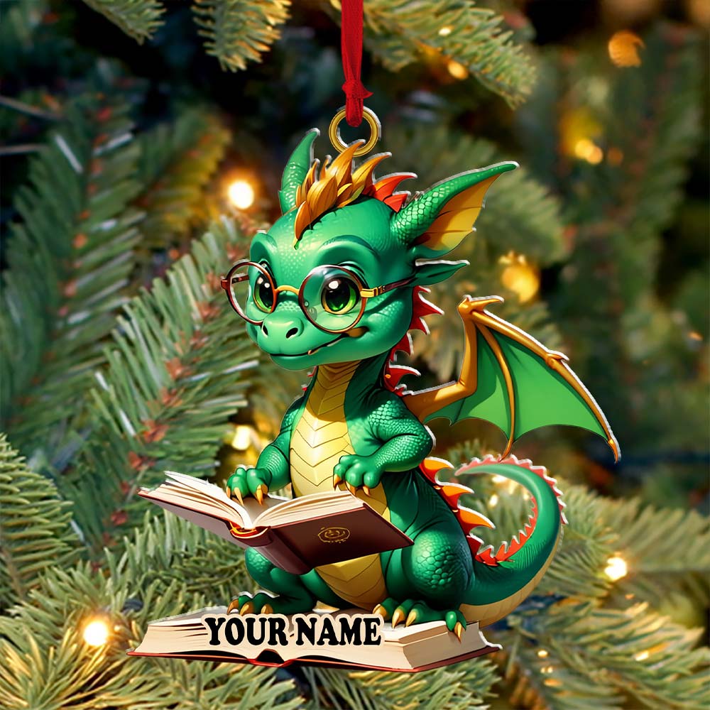 Blisscorners Custom Name Dragon Reading Books Ornament, Christmas Gift for Book Lover2D Flat LM2211