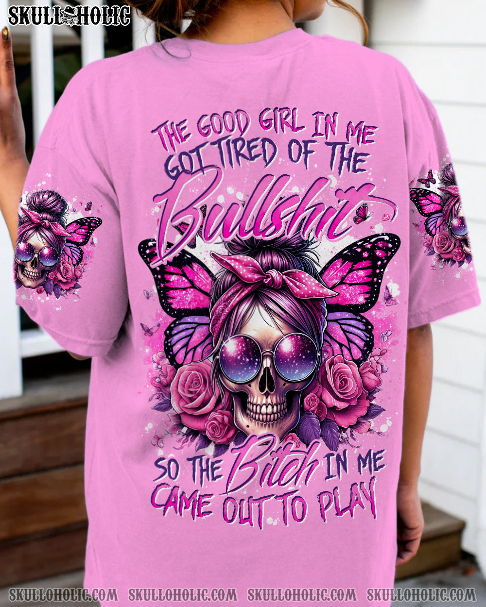 BLISSCORNERS THE GOOD GIRL IN ME MESSY BUN SKULL ALL OVER PRINT