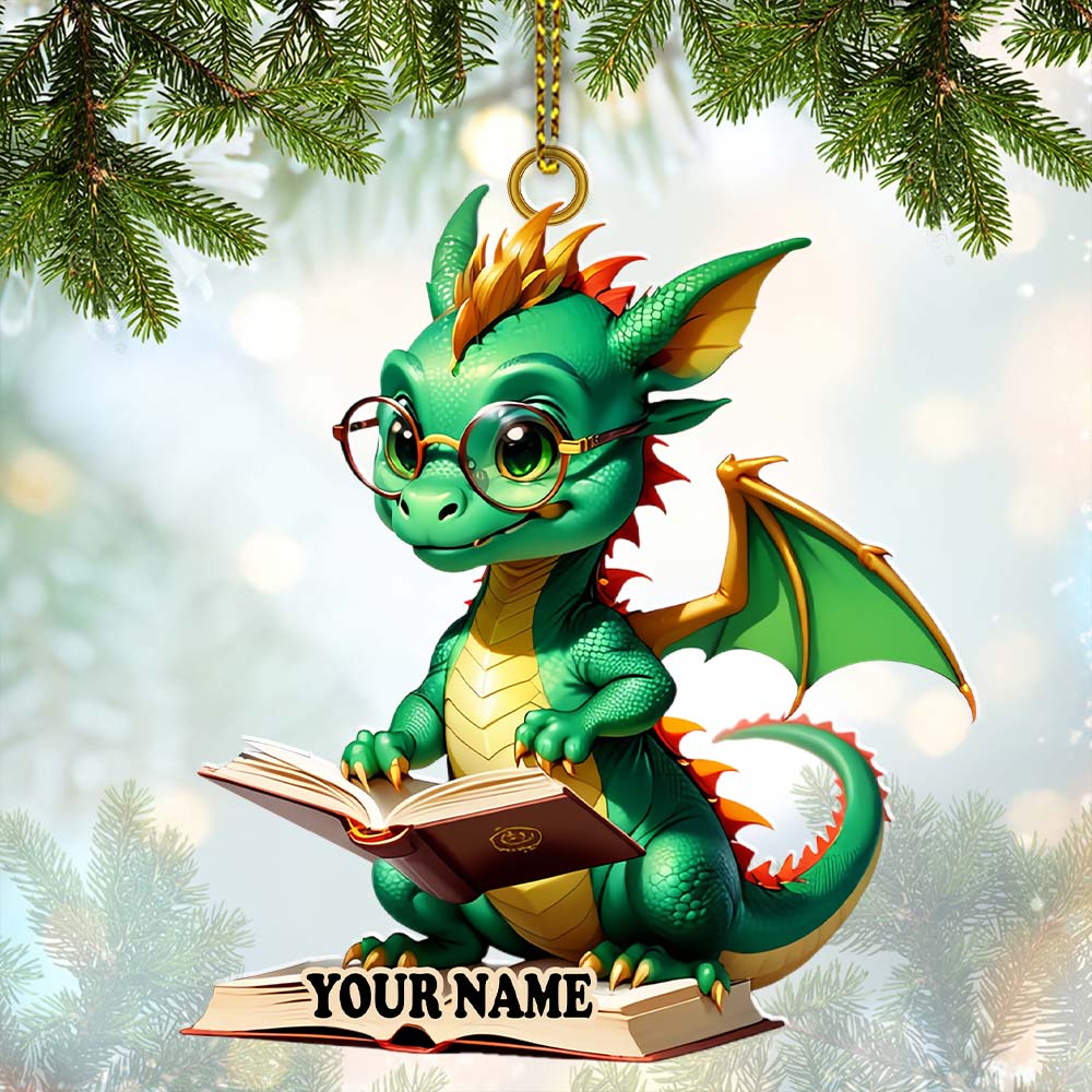 Blisscorners Custom Name Dragon Reading Books Ornament, Christmas Gift for Book Lover2D Flat LM2211