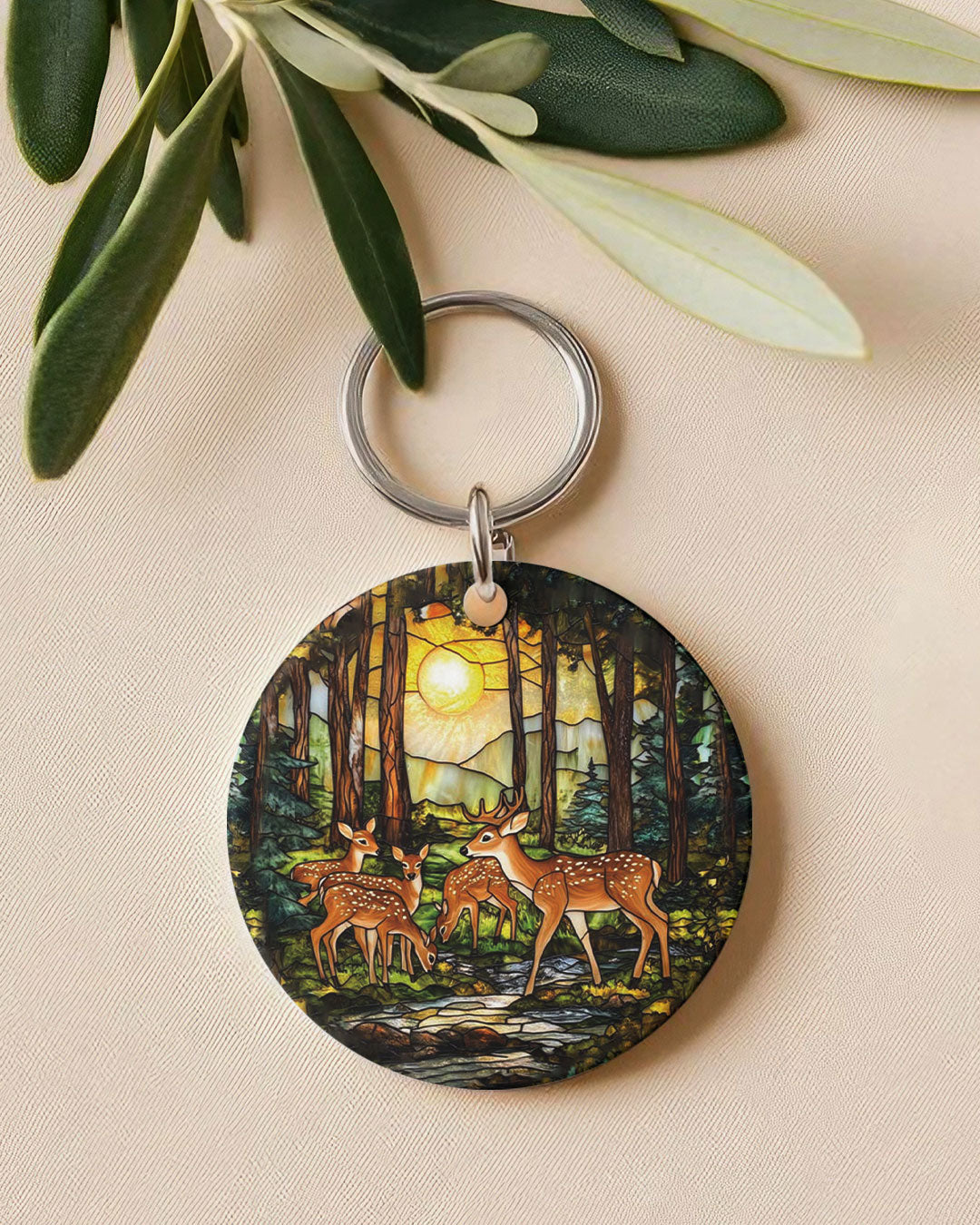 BLISSCORNERS DEER FAMILY STAINED GLASS ORNAMENT & KEYCHAIN