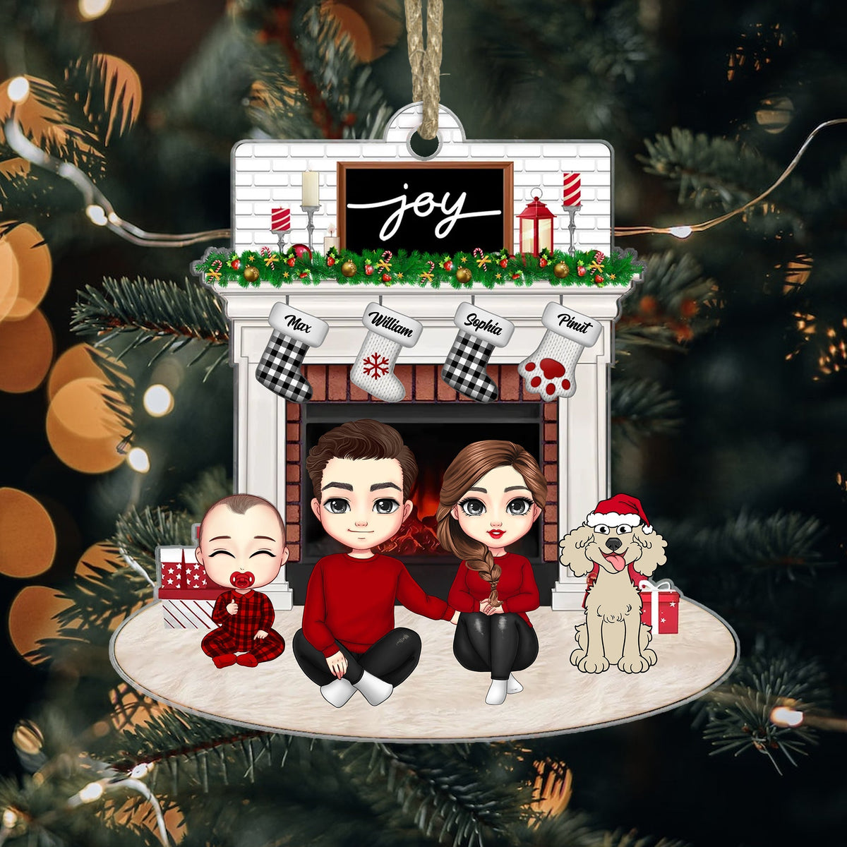 Blisscorners Joy Christmas Family By The Fireplace - Personalized Acrylic Ornament - Gift For Family, Xmas Gift2D Flat LM2111