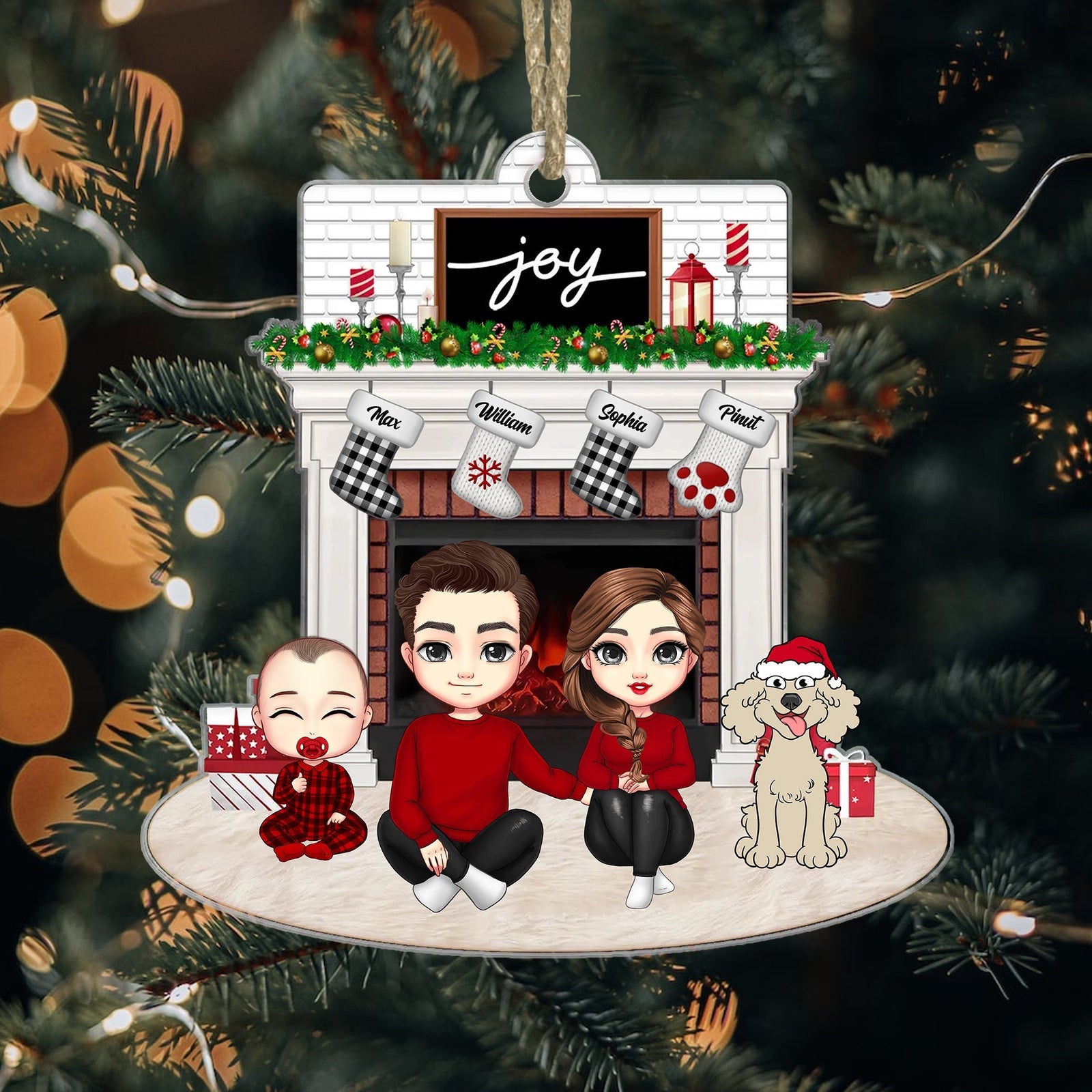 Blisscorners Joy Christmas Family By The Fireplace - Personalized Acrylic Ornament - Gift For Family, Xmas Gift2D Flat LM2111