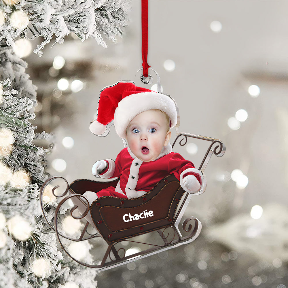 Blisscorners Baby In Christmas Sleigh - Custom Photo And Name, Personalized Acrylic Ornament - Gift For Christmas, Family Gift2D Flat LM2111