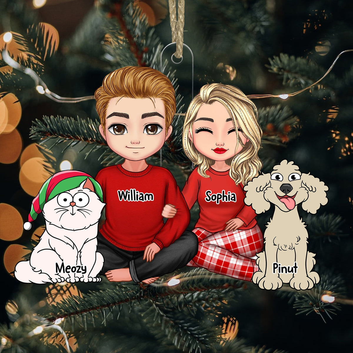 Blisscorners Couple Sitting With Christmas Pet, Custom Appearances And Names - Christmas Gift For Couple - Personalized Acrylic Ornament2D Flat LM2111