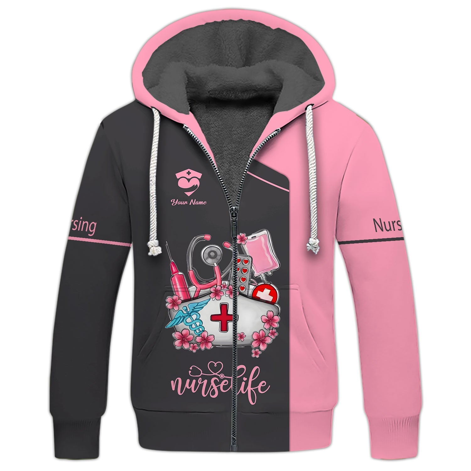 Blisscorners Personalized Nurse Shirt, 'Nurse Life' with Medical Motif in Pink and Black