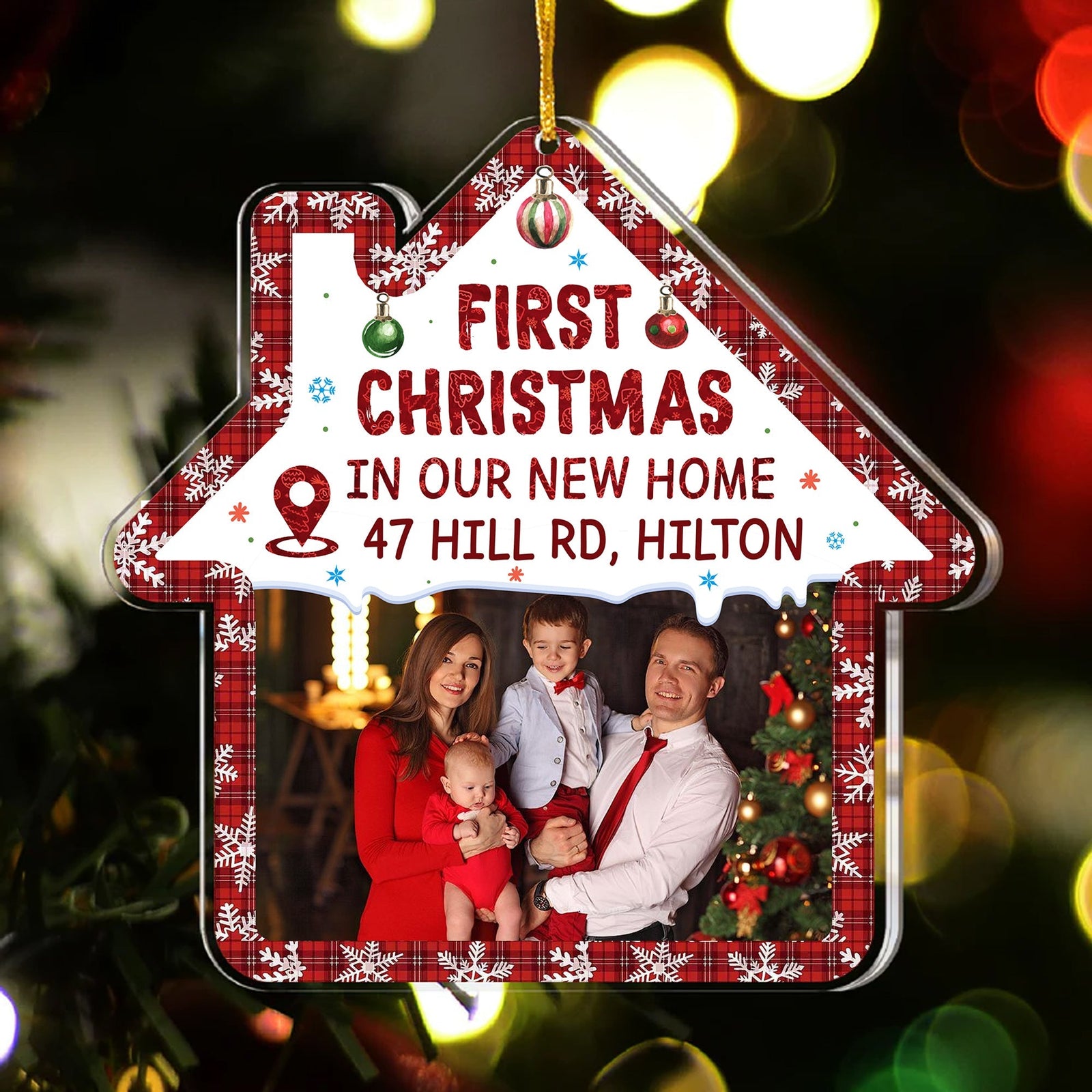 Blisscorners First Christmas In Our New Home - Custom Photo And Address, Personalized Acrylic Ornament - Gift For Christmas, Gift For Family2D Flat LM2111