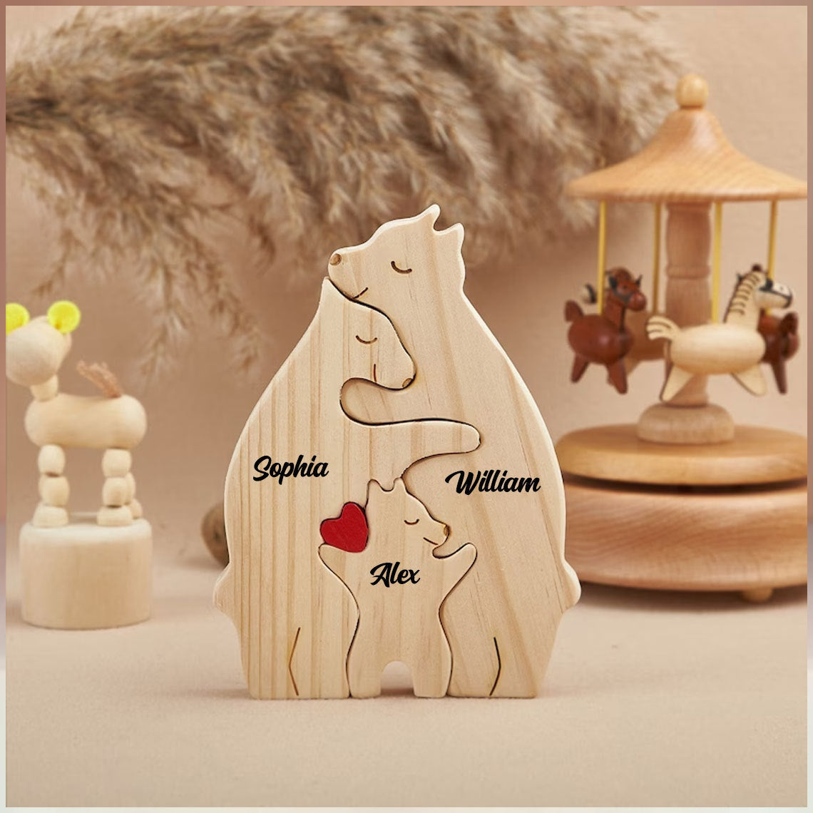 Blisscorners Personalized Wooden Bear Family - Puzzle Wooden Bear Family - Wooden Pet Carvings, Gift For Family2D Flat LM2111