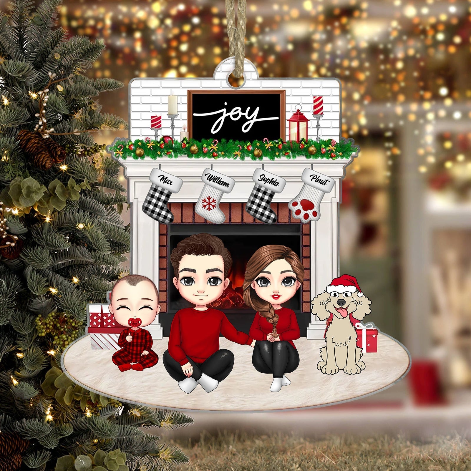 Blisscorners Joy Christmas Family By The Fireplace - Personalized Acrylic Ornament - Gift For Family, Xmas Gift2D Flat LM2111