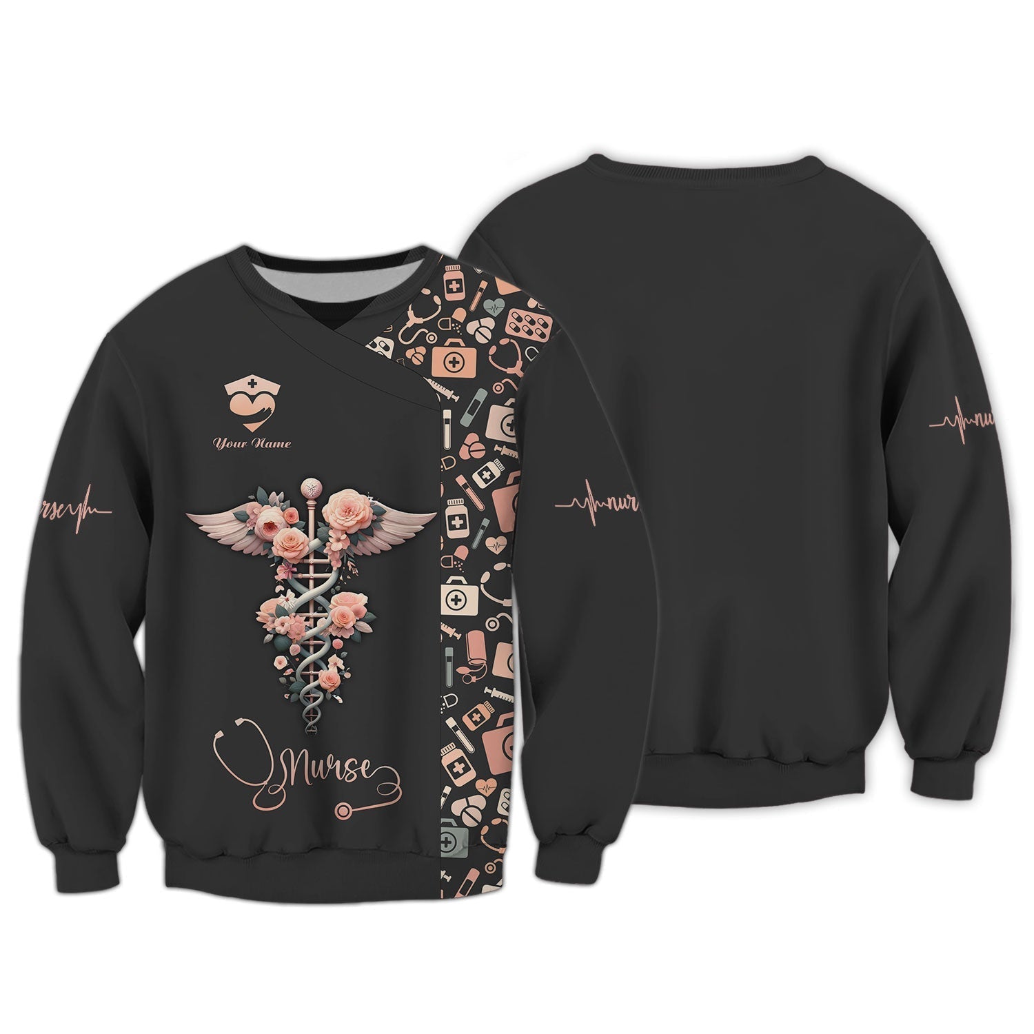 Blisscorners Personalized Nurse Shirt, Floral Caduceus with Angelic Wings Design