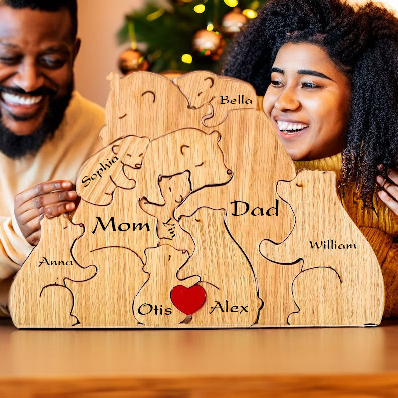 Blisscorners Personalized Bear Family Wooden Puzzle - Puzzle Wooden Bear Family - Wooden Pet Carvings, Gift For Family, Gift For Couple2D Flat LM2111