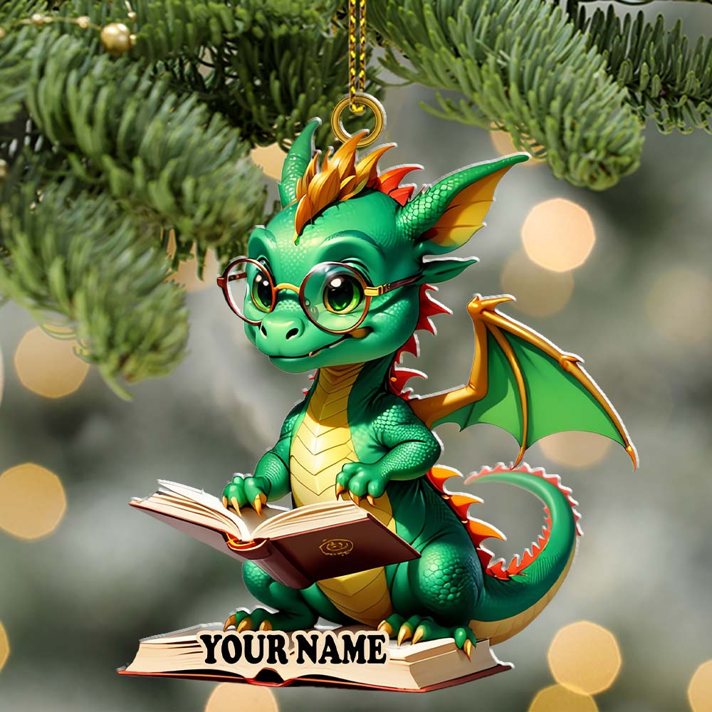 Blisscorners Custom Name Dragon Reading Books Ornament, Christmas Gift for Book Lover2D Flat LM2211