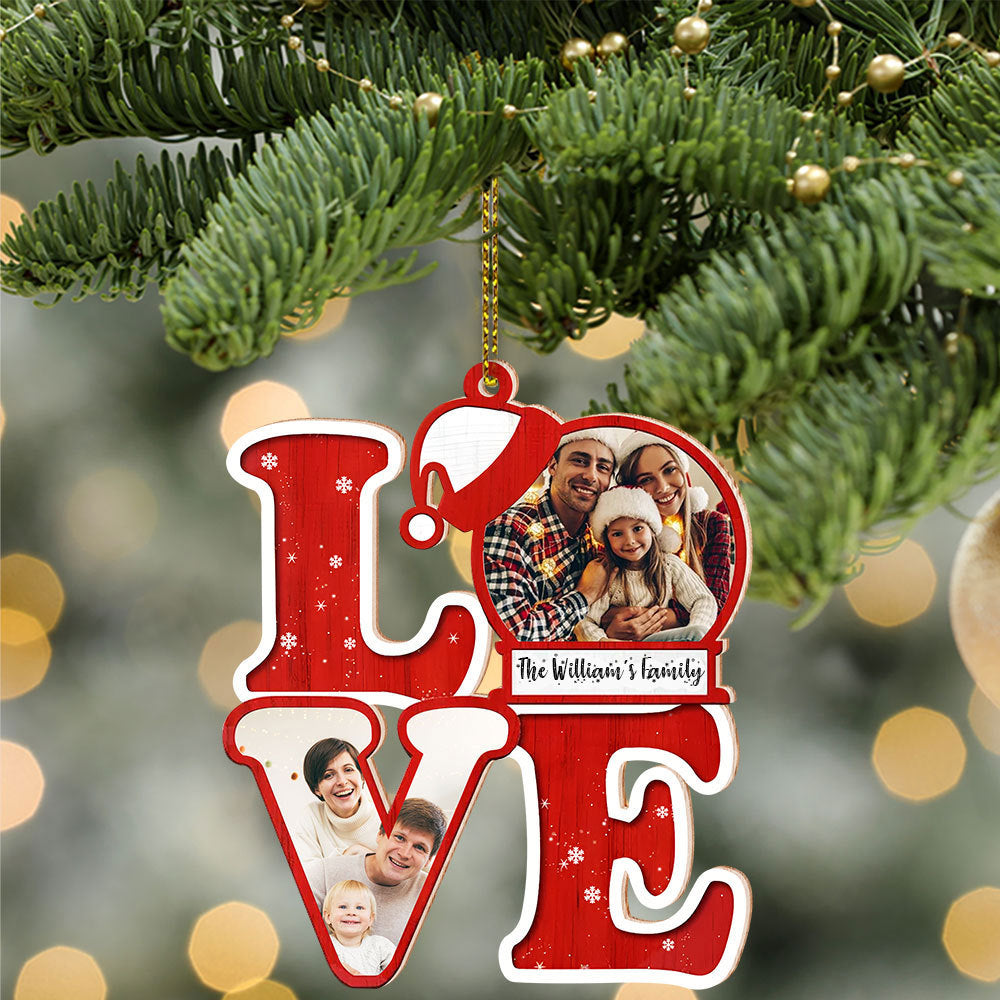 Blisscorners L.O.V.E For Christmas, Custom Photo And Family Name - Personalized Custom Shaped Wooden Ornament - Gift For Family2D Flat LM2111