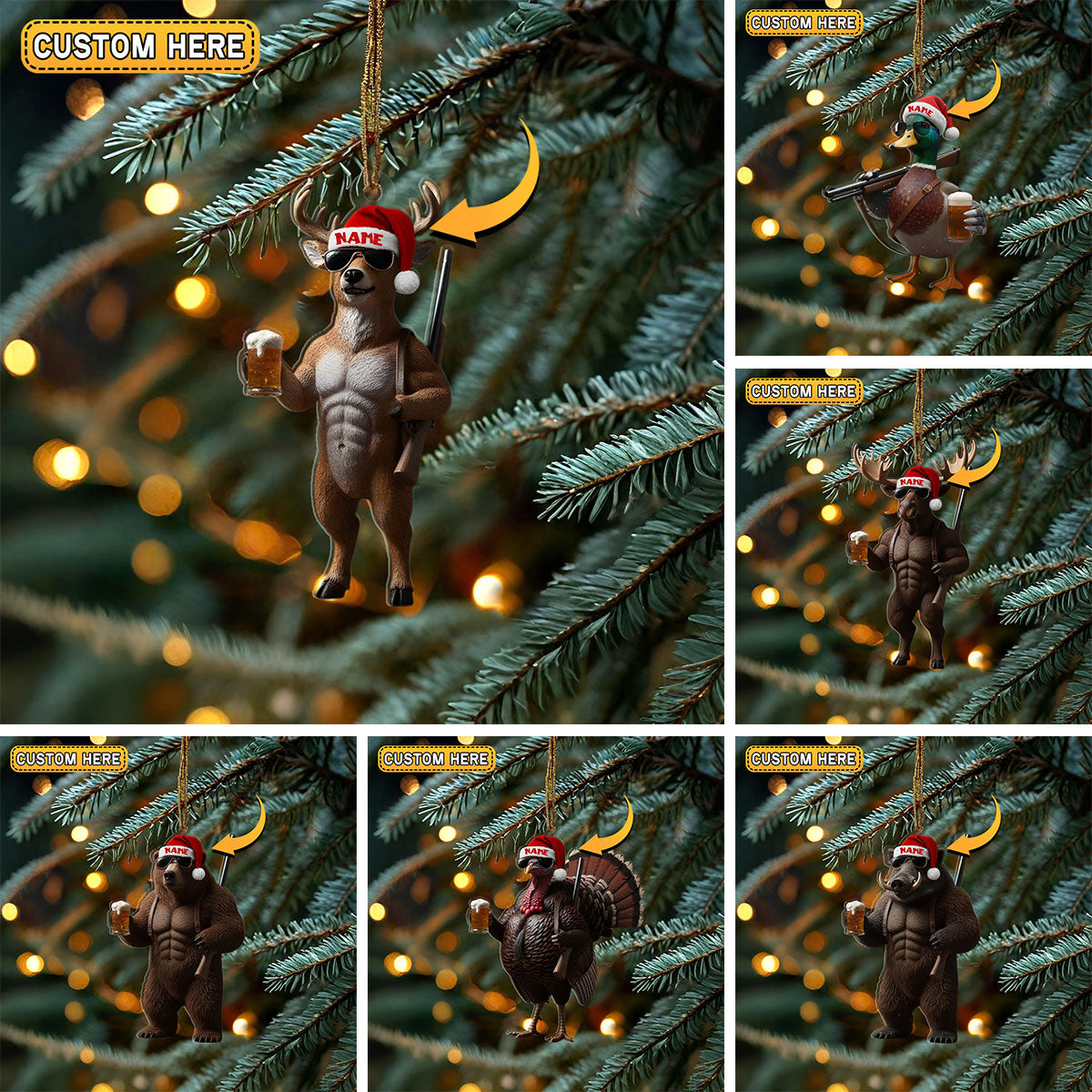 Blisscorners Deer Hunter Muscle Santa Hat Beer Mug Personalized Name Christmas Ornament