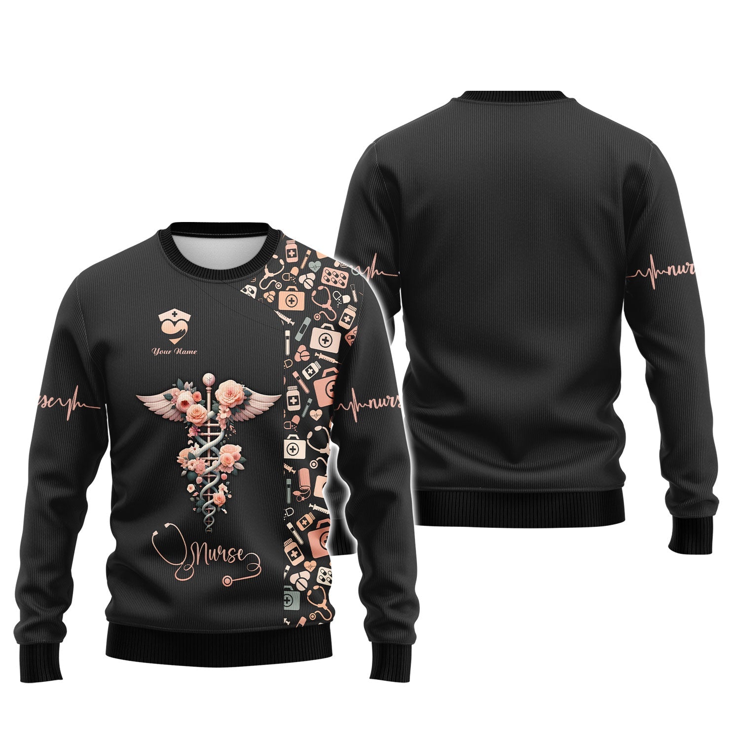 Blisscorners Personalized Nurse Shirt, Floral Caduceus with Angelic Wings Design