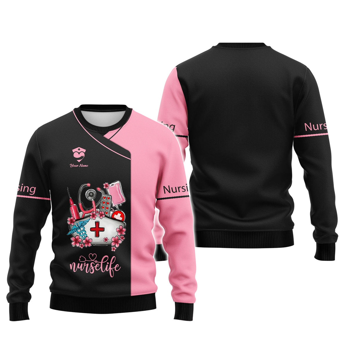 Blisscorners Personalized Nurse Shirt, 'Nurse Life' with Medical Motif in Pink and Black