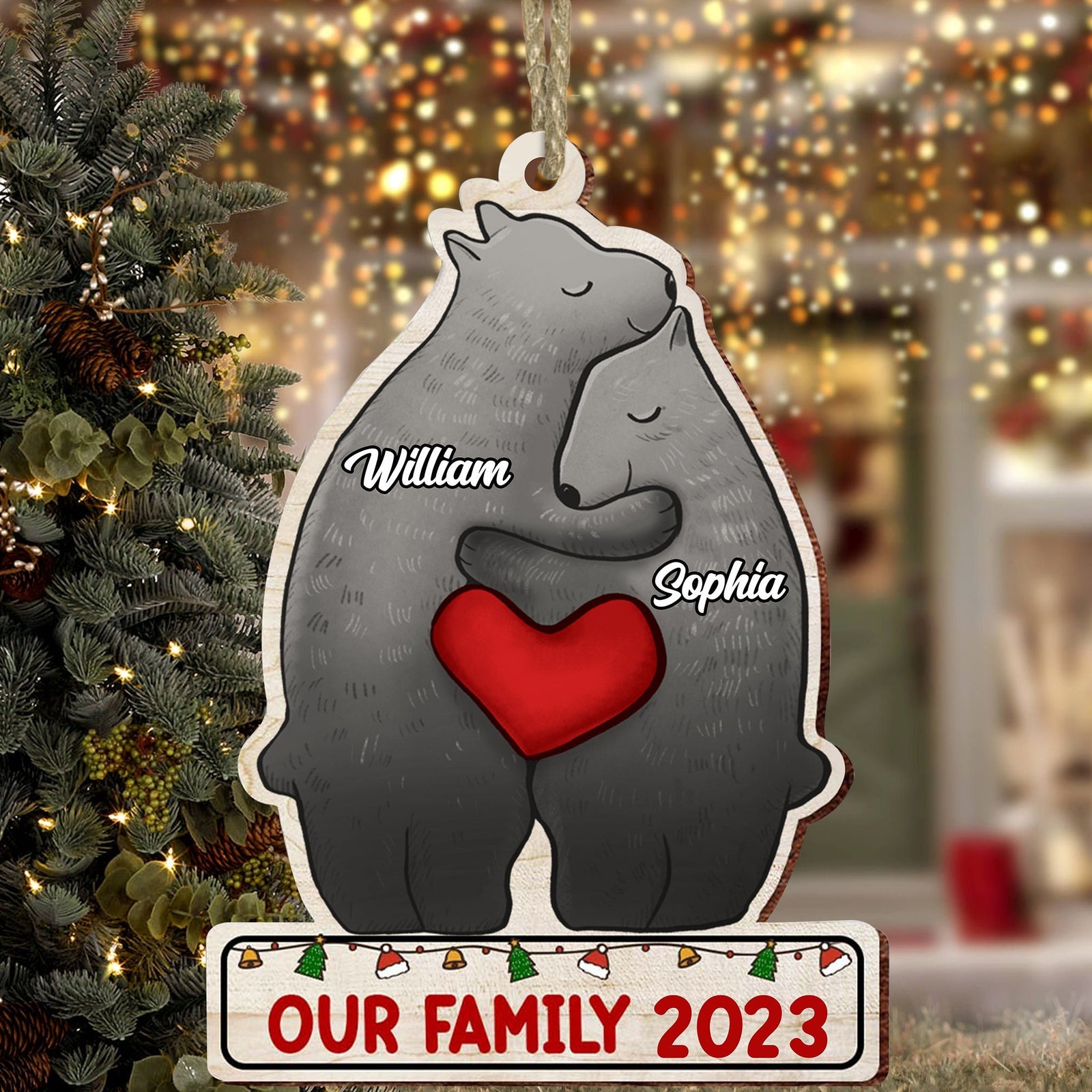 Blisscorners Christmas Bear Family, Custom Name - Personalized Custom Shaped Wooden Ornament - Gift For Family, Christmas Gift2D Flat LM2111
