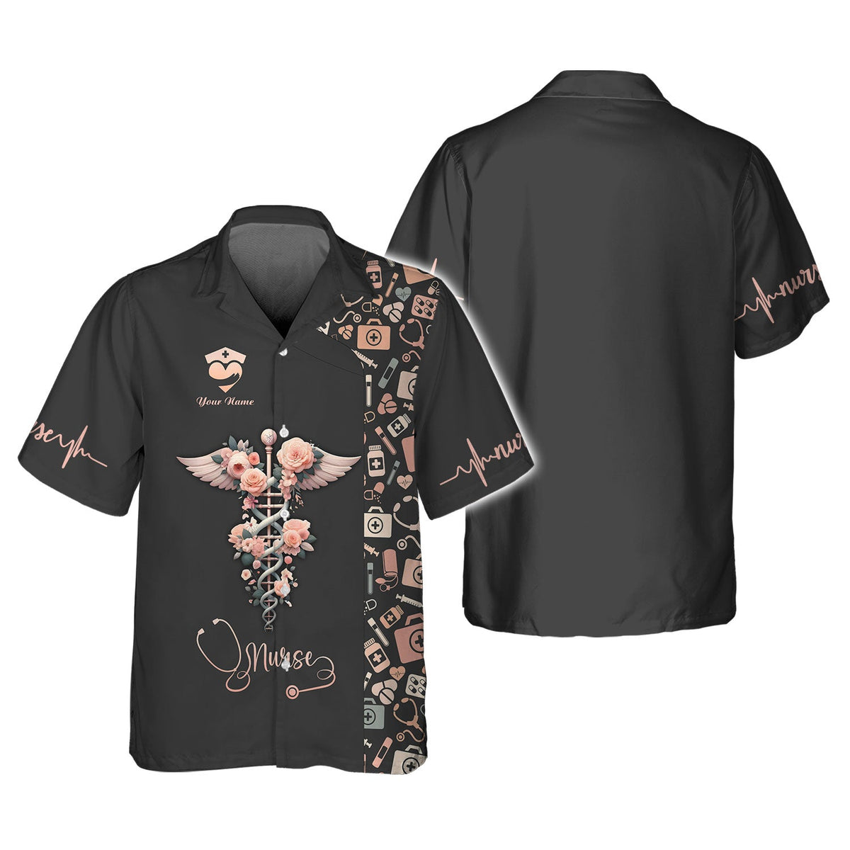 Blisscorners Personalized Nurse Shirt, Floral Caduceus with Angelic Wings Design