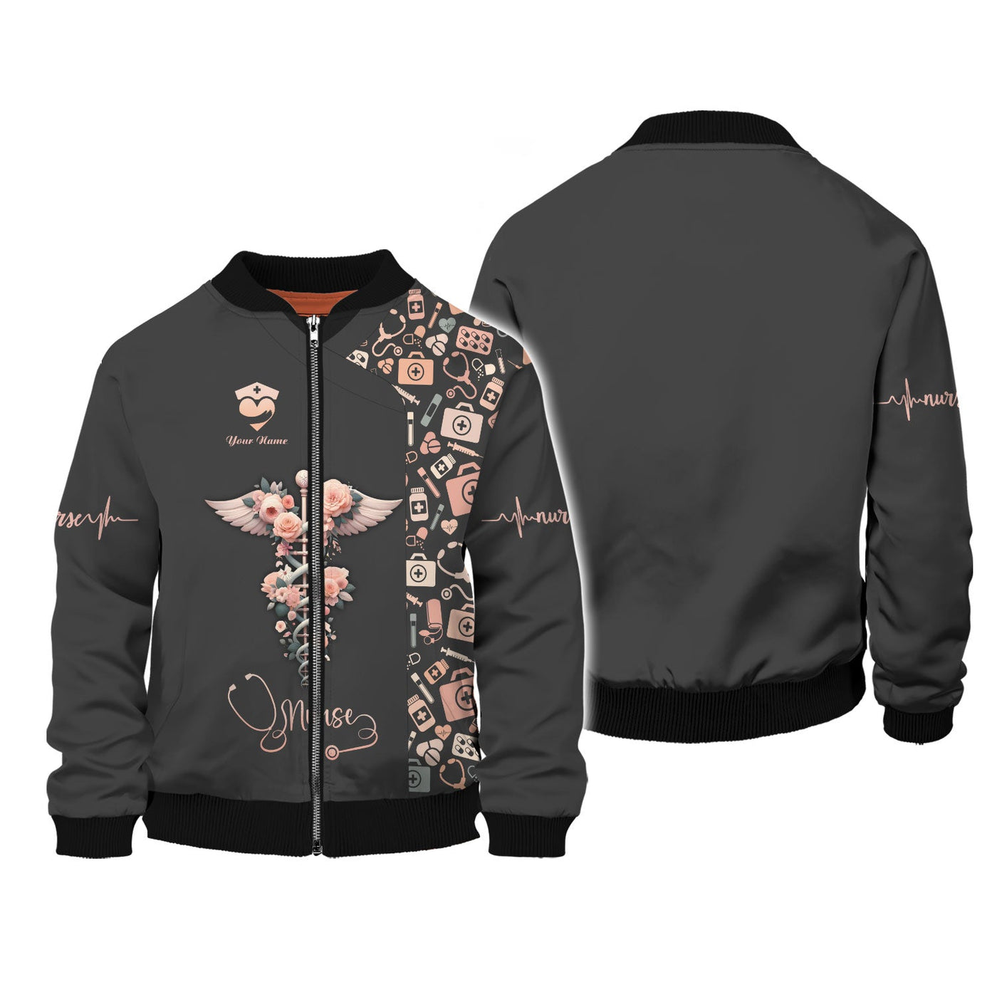 Blisscorners Personalized Nurse Shirt, Floral Caduceus with Angelic Wings Design