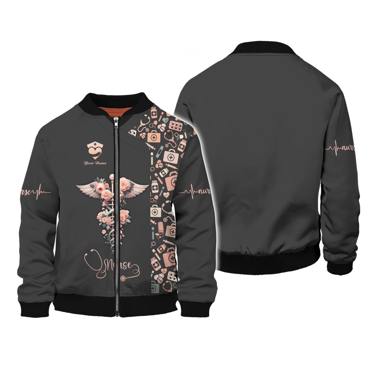 Blisscorners Personalized Nurse Shirt, Floral Caduceus with Angelic Wings Design
