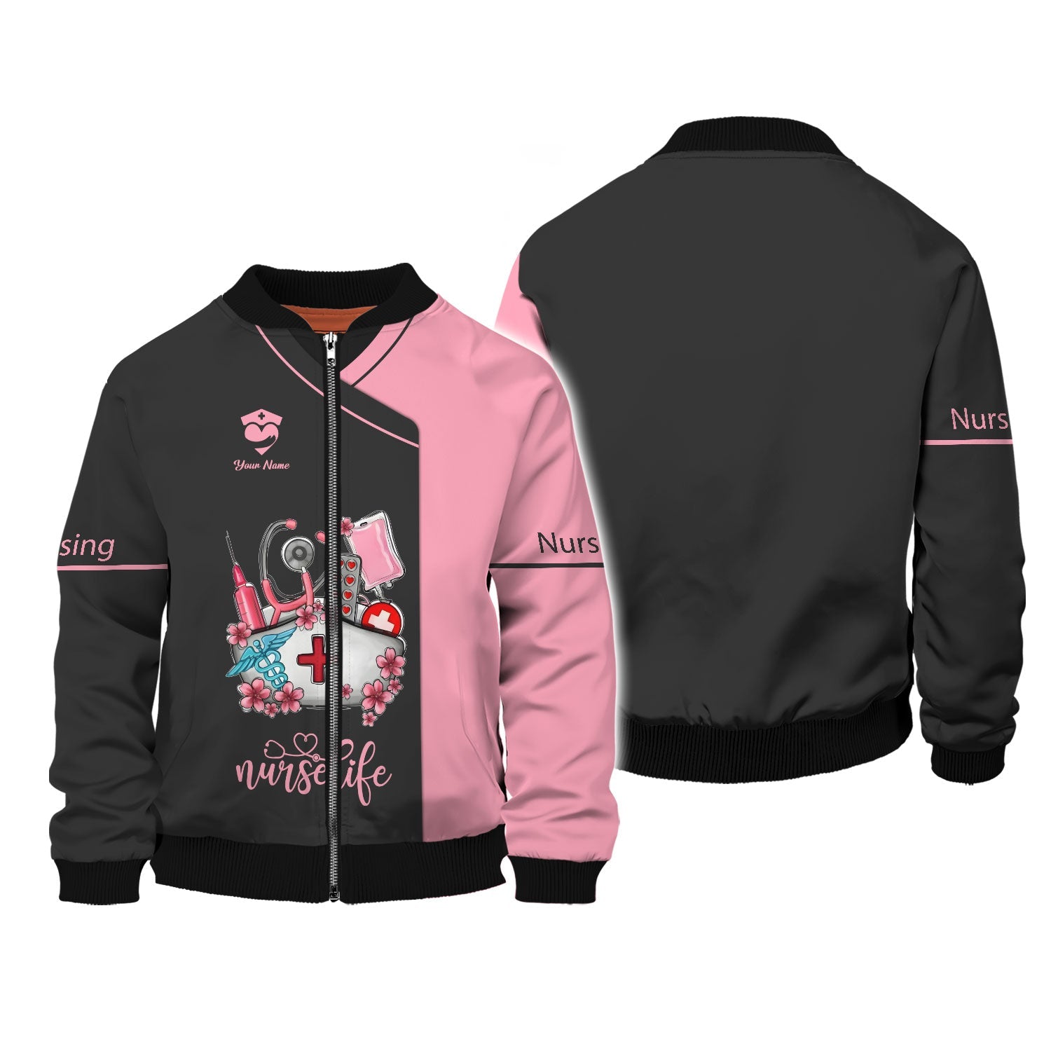 Blisscorners Personalized Nurse Shirt, 'Nurse Life' with Medical Motif in Pink and Black
