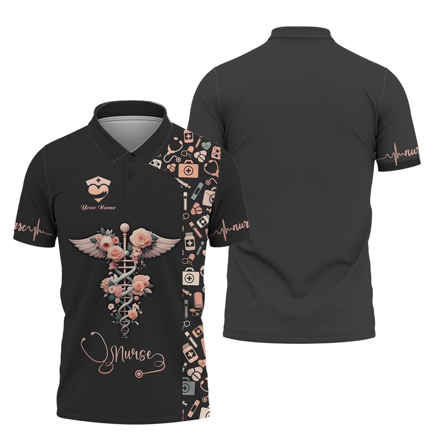 Blisscorners Personalized Nurse Shirt, Floral Caduceus with Angelic Wings Design