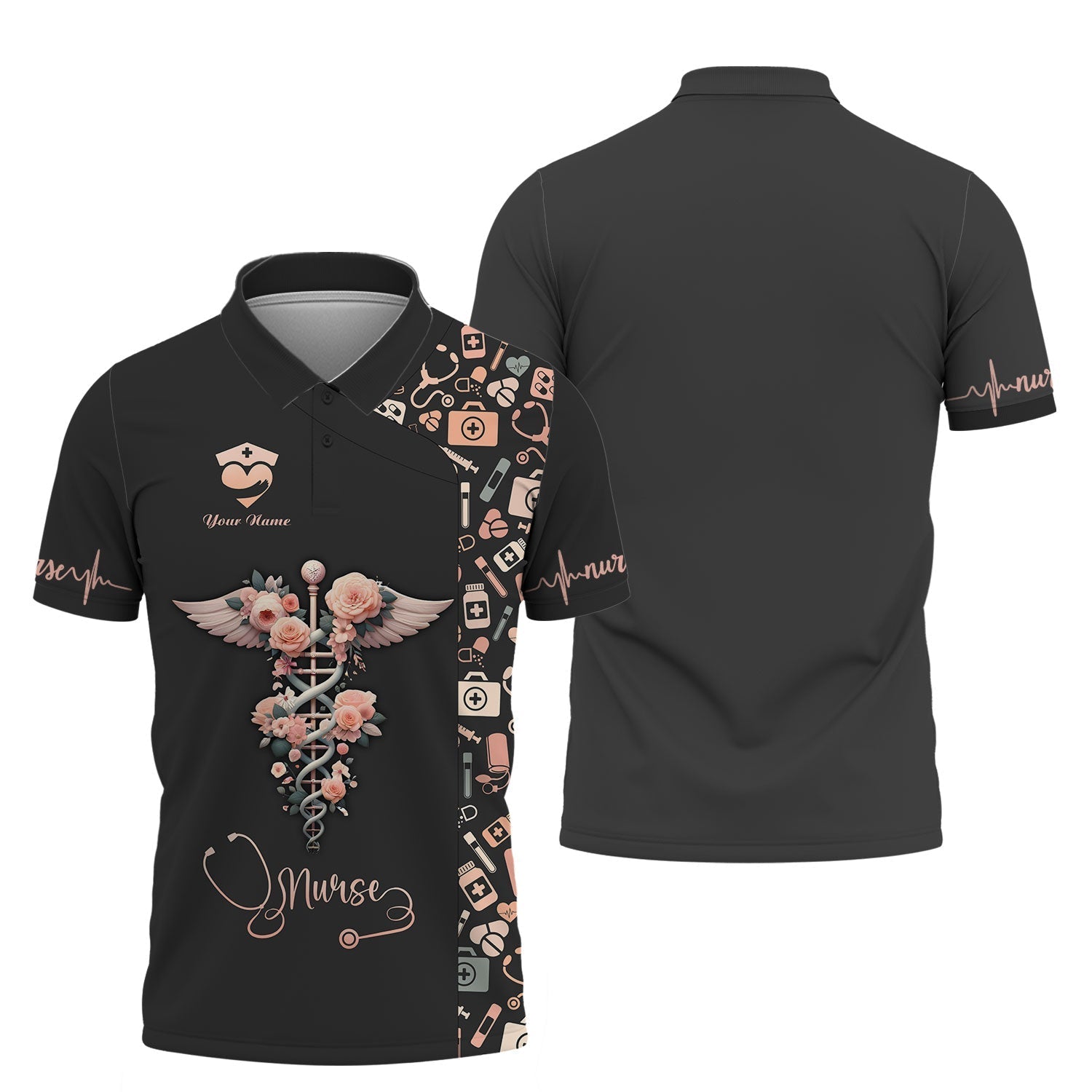 Blisscorners Personalized Nurse Shirt, Floral Caduceus with Angelic Wings Design