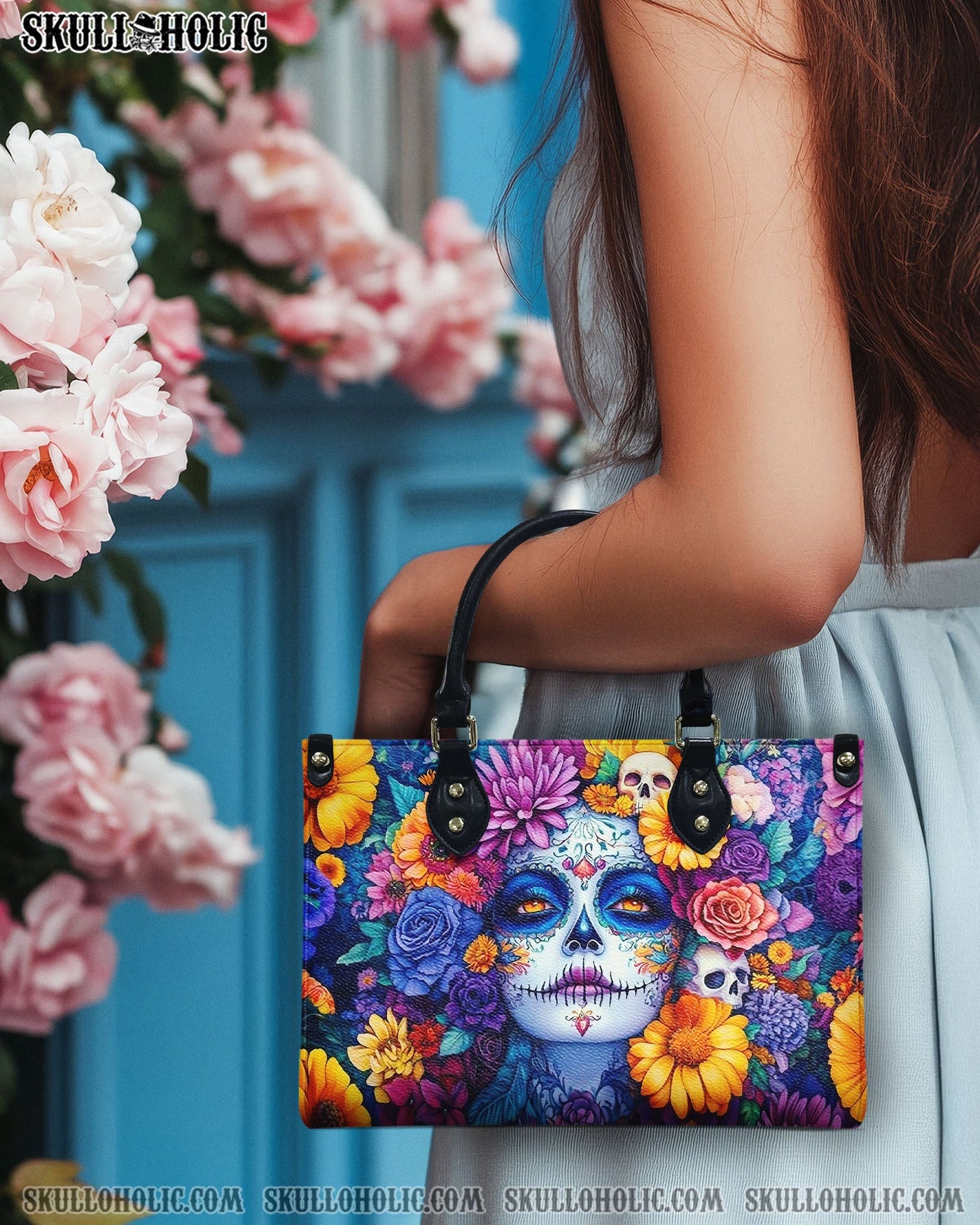BLISSCORNERS SUGAR SKULL LADY FLOWER LEATHER HANDBAG