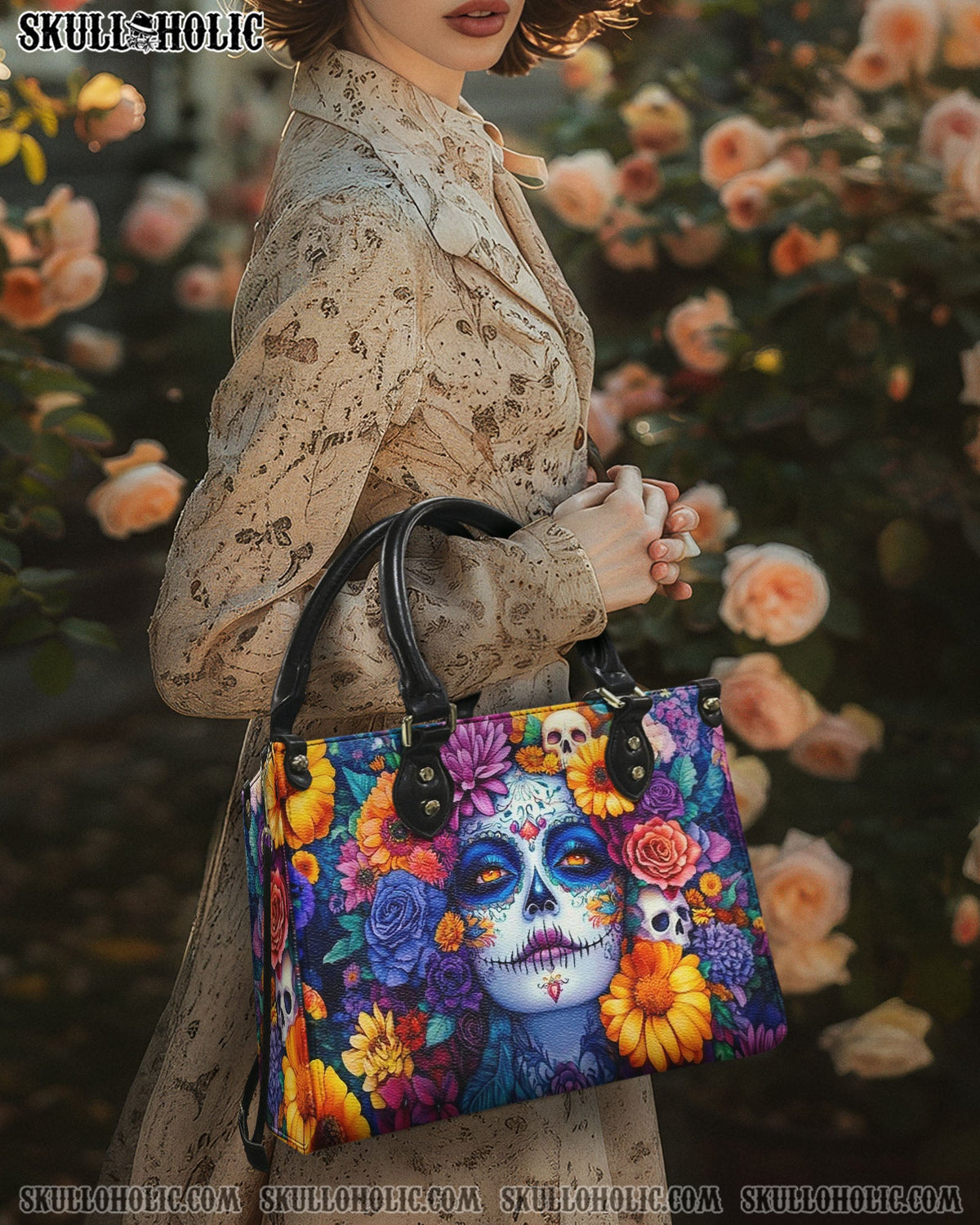 BLISSCORNERS SUGAR SKULL LADY FLOWER LEATHER HANDBAG