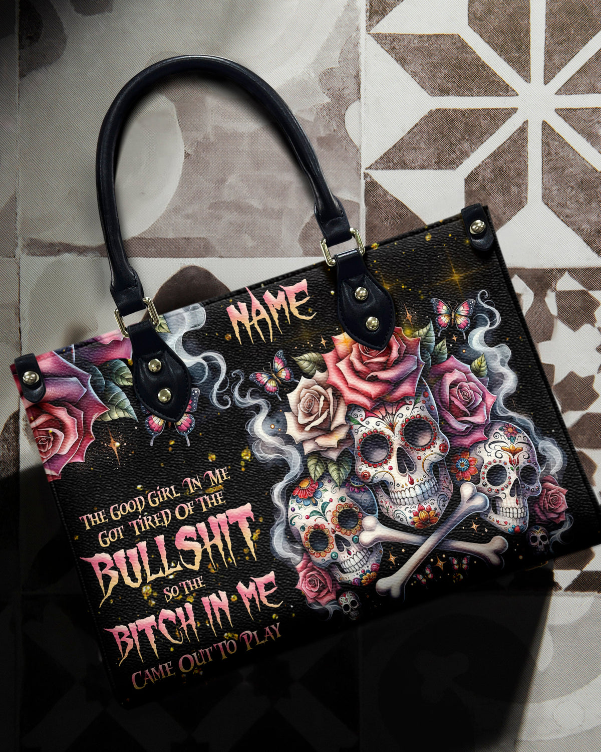BLISSCORNERS THE GOOD GIRL IN ME BONES SUGAR SKULL LEATHER HANDBAG