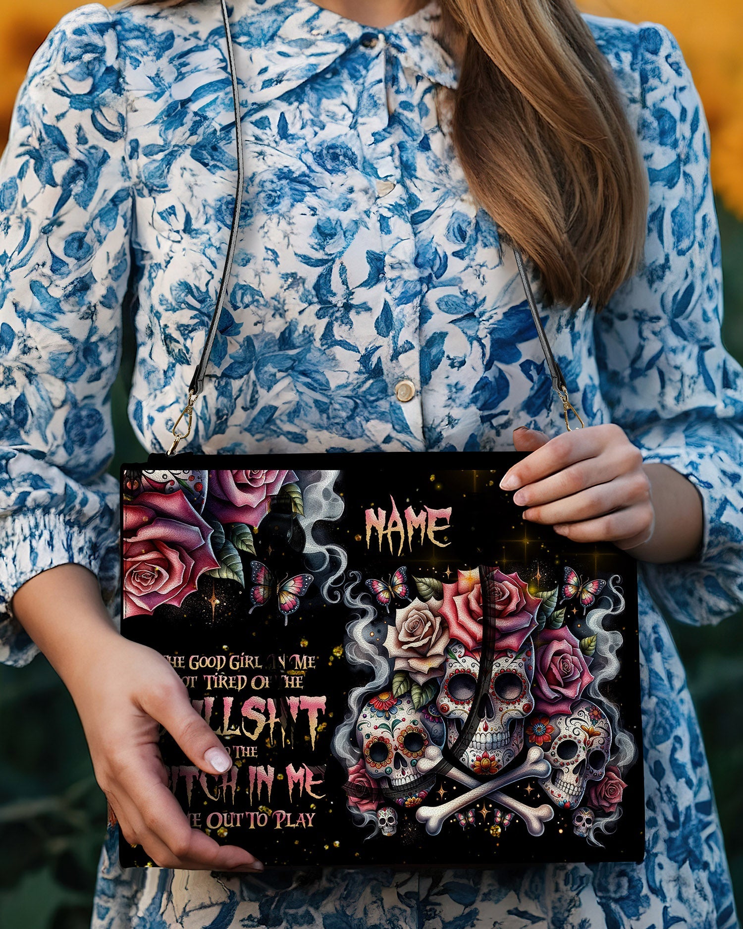 BLISSCORNERS THE GOOD GIRL IN ME BONES SUGAR SKULL LEATHER HANDBAG