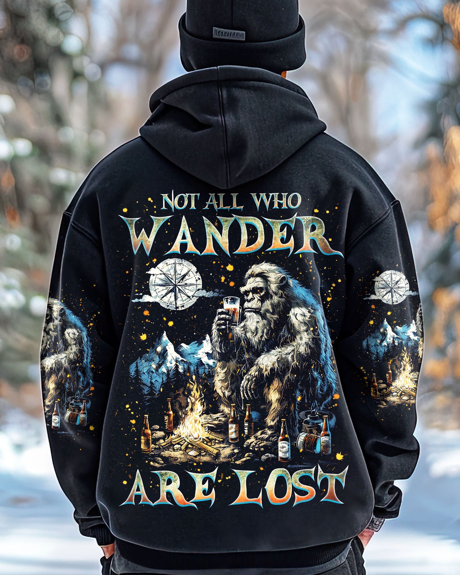 BLISSCORNERS NOT ALL WHO WANDER ARE LOST BIGFOOT COMPASS ALL OVER PRINT