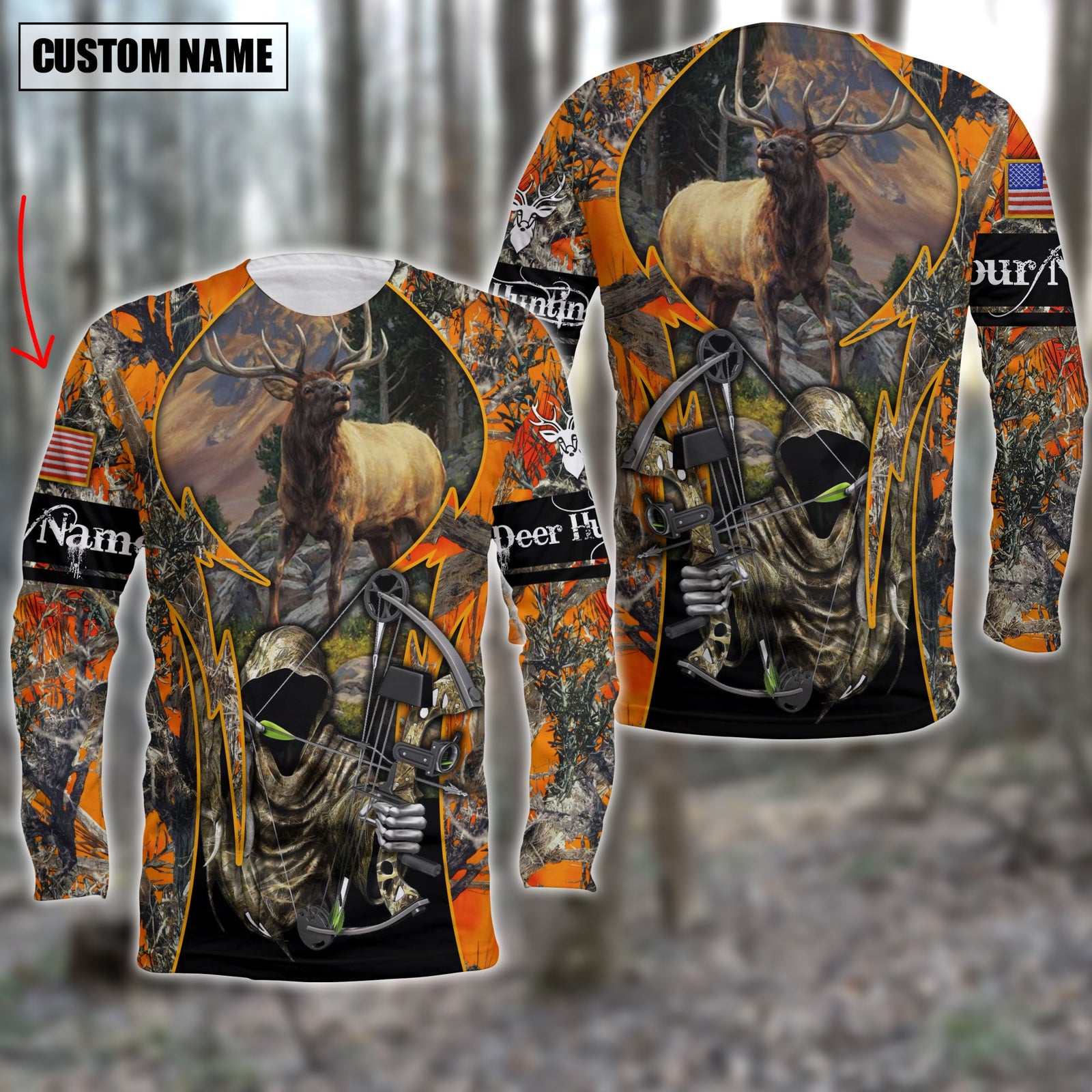 Blisscorners Custom Name Personalized Elk Hunting Orange Camo Shirt 3D All Over Printed Clothes