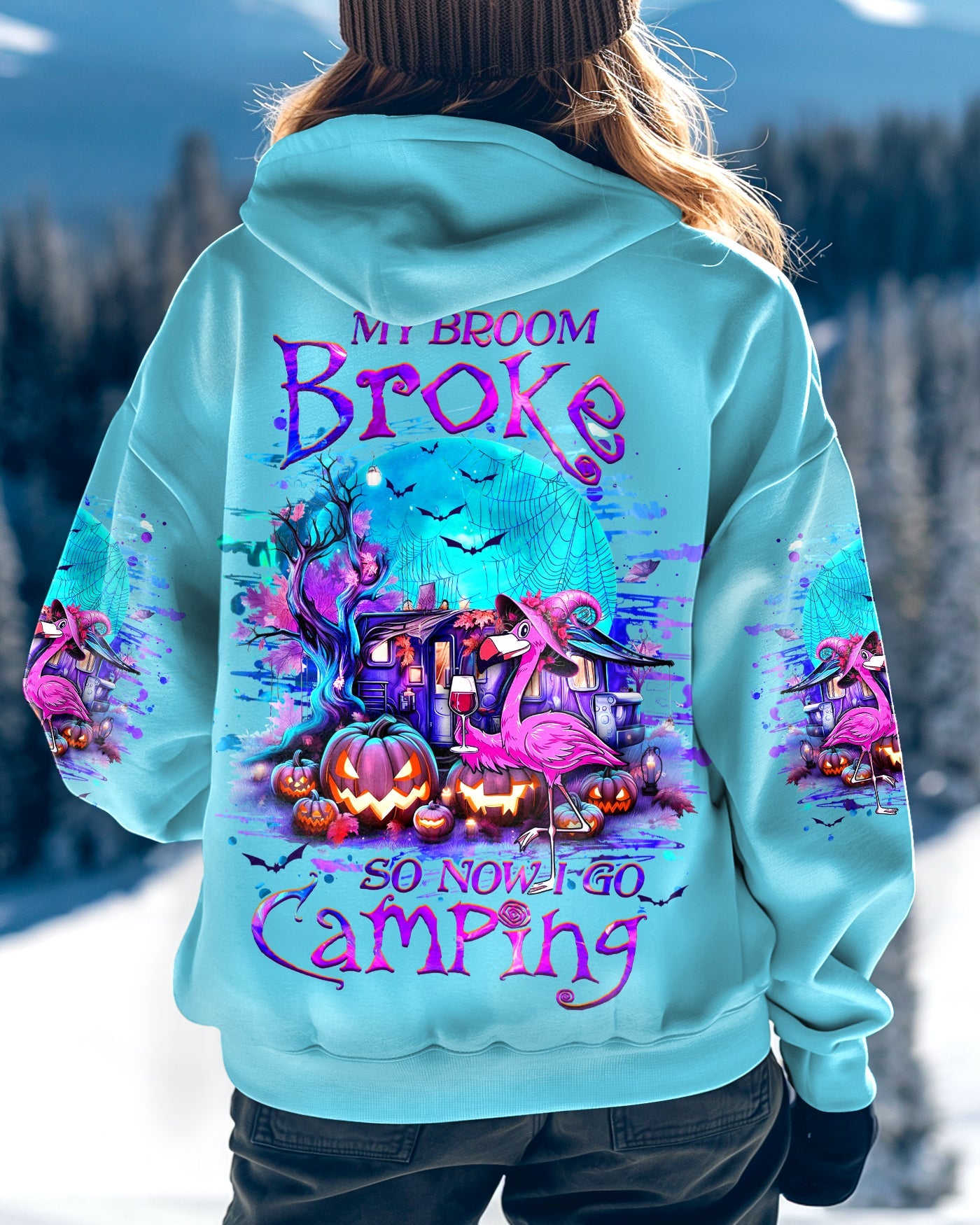 BLISSCORNERS MY BROOM BROKE SO NOW FLAMINGO HALLOWEEN CAMPING ALL OVER PRINT