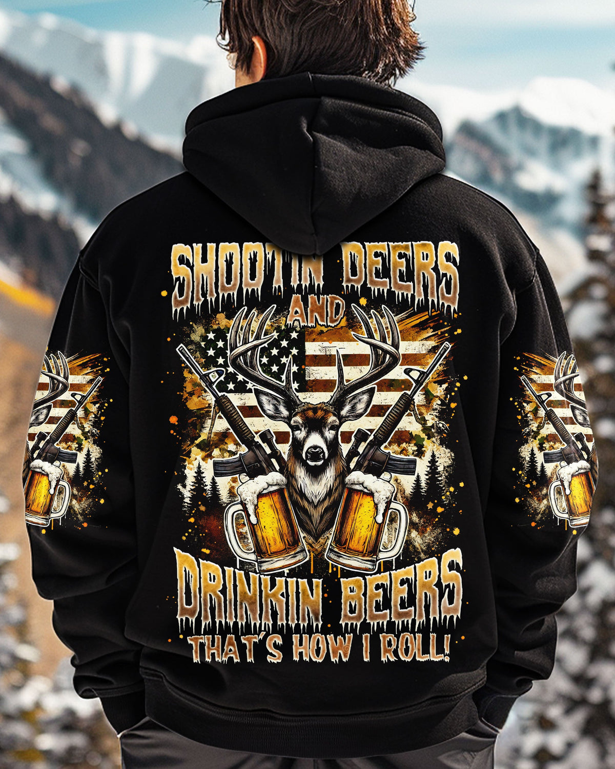 BLISSCORNERS SHOOTING DEERS AND DRINKING BEERS ALL OVER PRINT