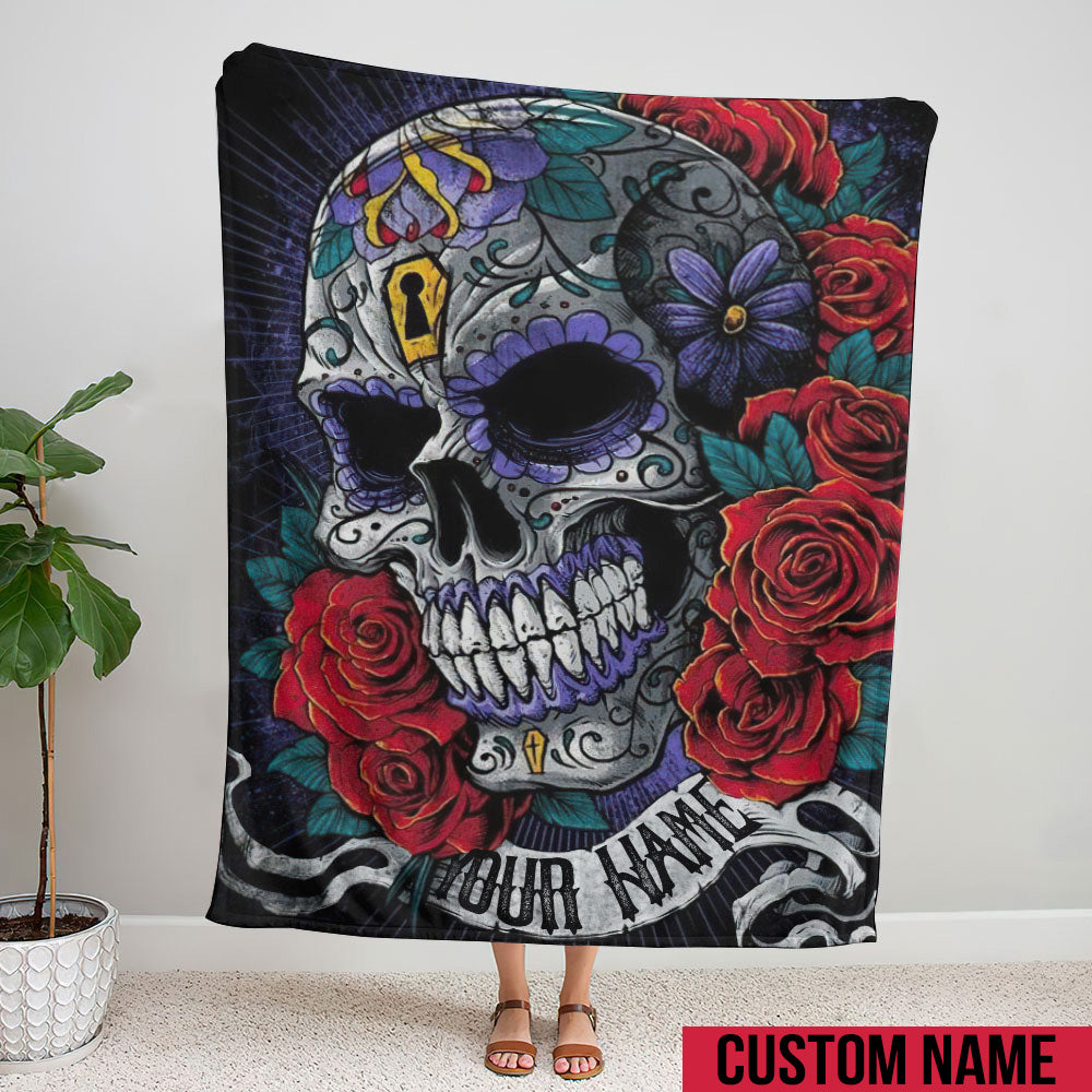 BLISSCORNERS PERSONALIZED SUGAR SKULL ROSE BANNER WOVEN &amp; FLEECE BLANKET