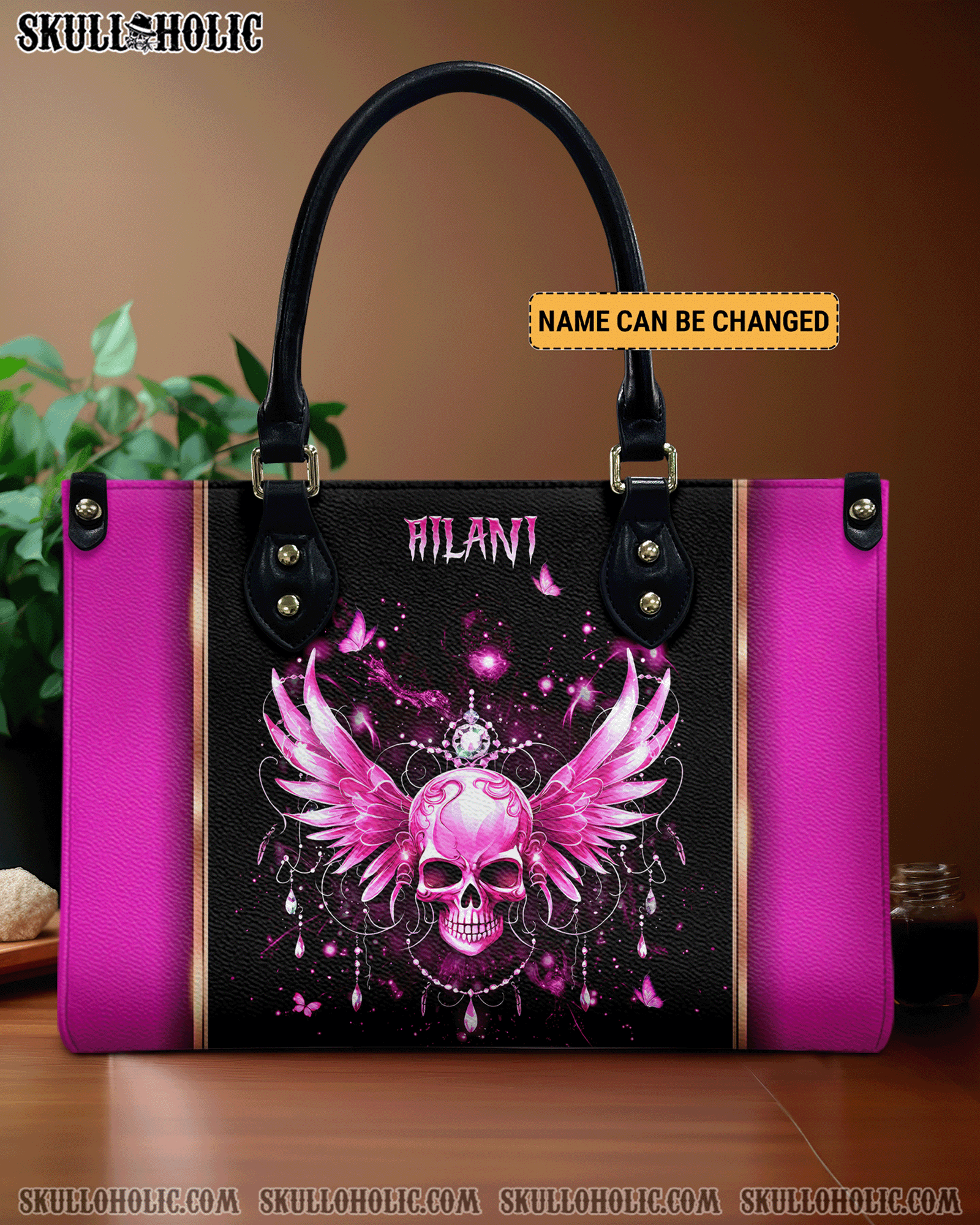 BLISSCORNERS PINK SKULL FAIRY WINGS LEATHER HANDBAG