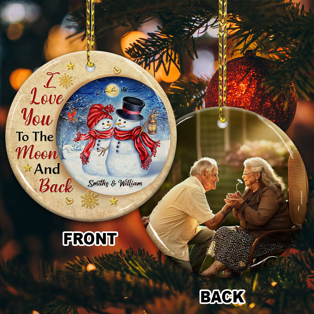 Blisscorners I Love You To The Moon And Back, Snowman - Custom Photo And Names- Personalized 2 Sides Ceramic Ornament - Gift For Family, Memorial Gift2D Flat LM2111