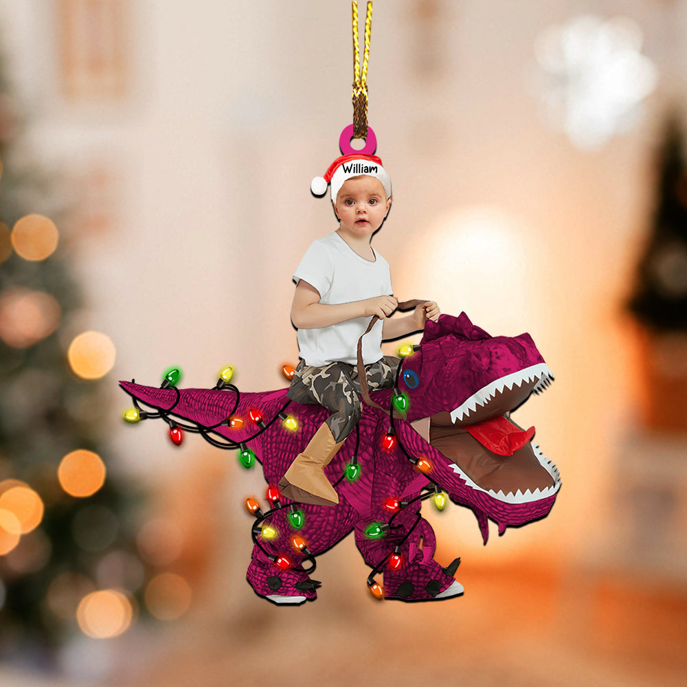 Blisscorners Kid Riding Dinosaur - Christmas Gift For Family, Custom Photo And Name - Personalized Acrylic Ornament2D Flat LM2111