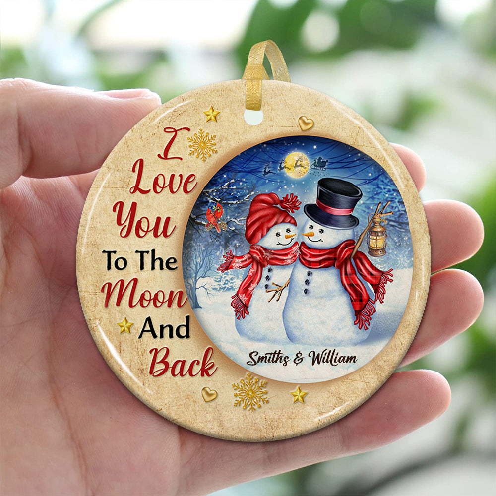 Blisscorners I Love You To The Moon And Back, Snowman - Custom Photo And Names- Personalized 2 Sides Ceramic Ornament - Gift For Family, Memorial Gift2D Flat LM2111