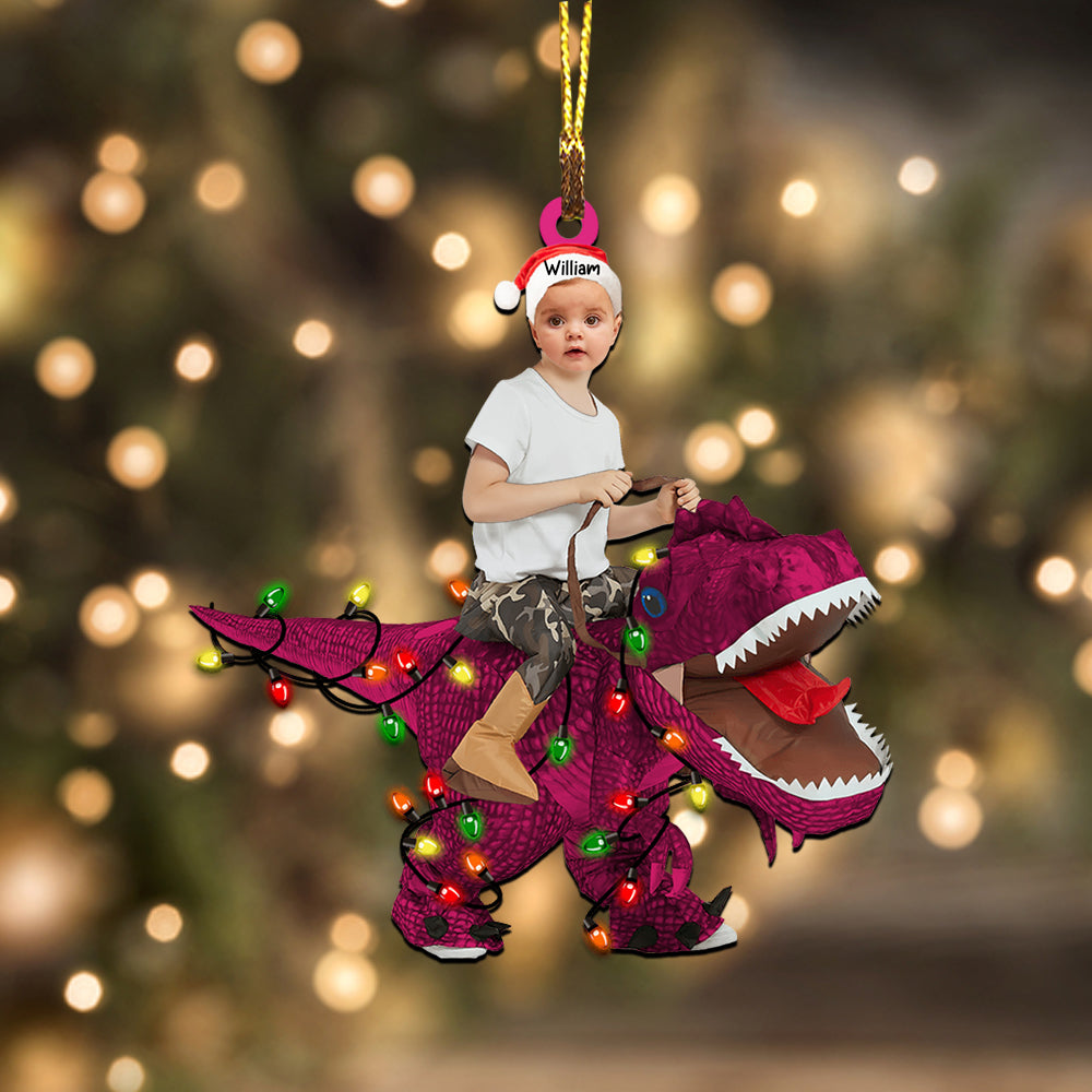 Blisscorners Kid Riding Dinosaur - Christmas Gift For Family, Custom Photo And Name - Personalized Acrylic Ornament2D Flat LM2111