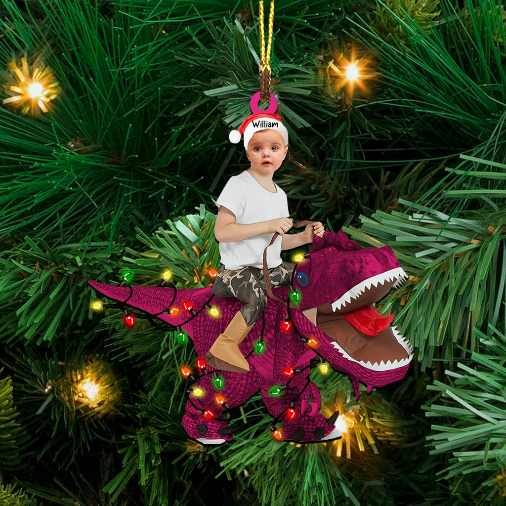 Blisscorners Kid Riding Dinosaur - Christmas Gift For Family, Custom Photo And Name - Personalized Acrylic Ornament2D Flat LM2111