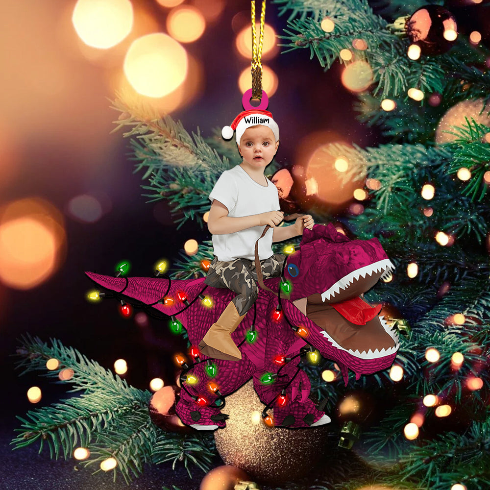 Blisscorners Kid Riding Dinosaur - Christmas Gift For Family, Custom Photo And Name - Personalized Acrylic Ornament2D Flat LM2111
