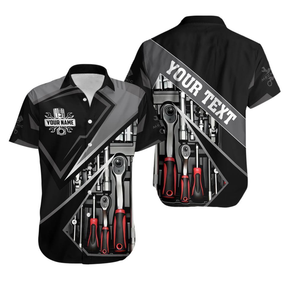 Blisscorners Custom Mechanic Shirt with Tools Design, Personalized Name & Text, Unique Work Apparel for Car Mechanics and DIY Enthusiasts