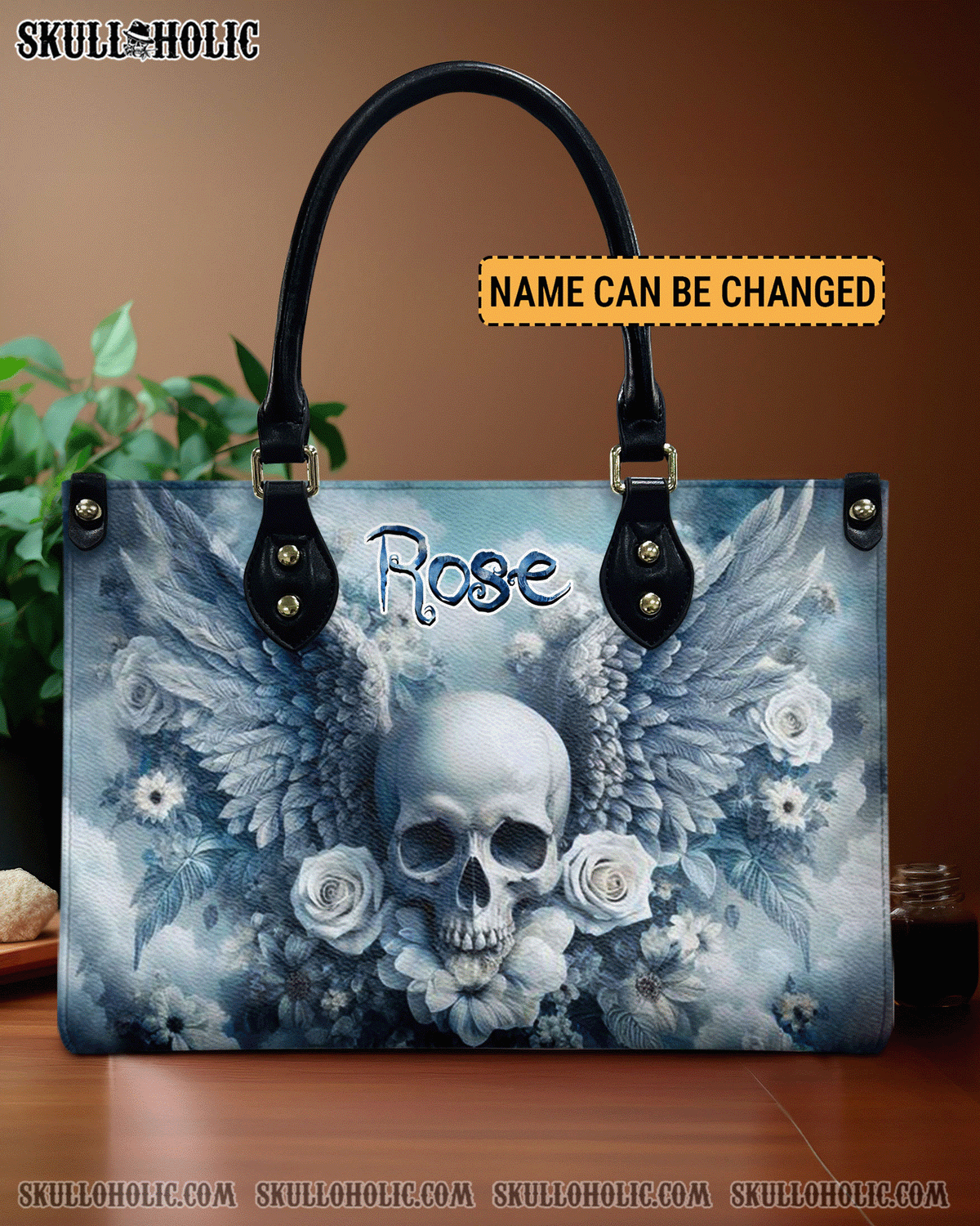 BLISSCORNERS SKULL WITH WINGS AND ROSES LEATHER HANDBAG