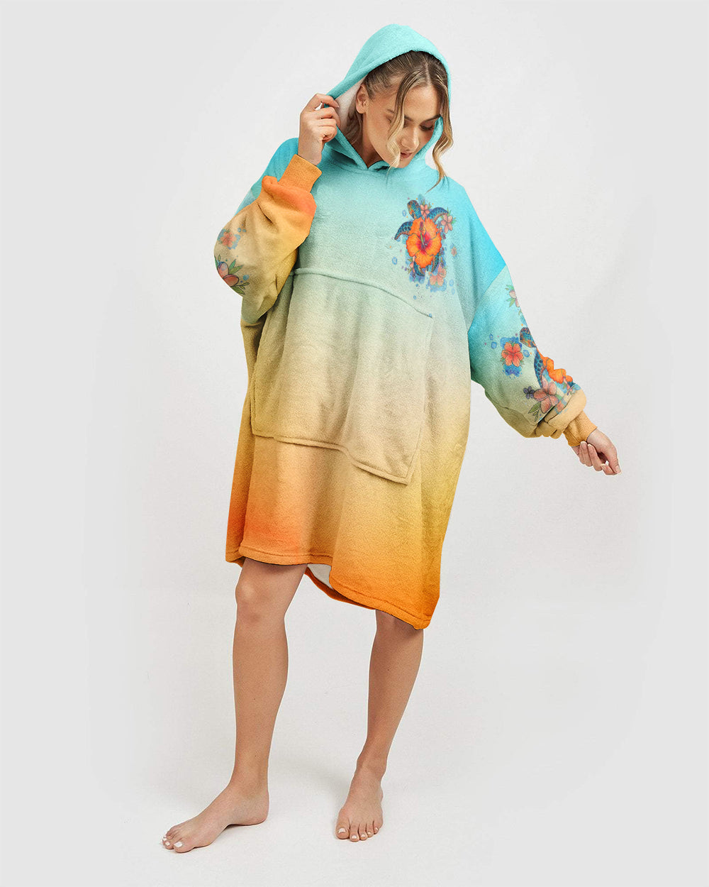 BLISSCORNERS SANDY TOES SUNKISSED NOSE TURTLE HIBISCUS  SHERPA BLANKET HOODIE